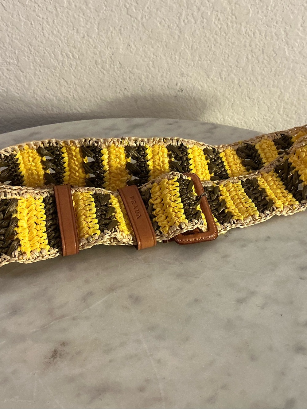 Authentic Prada Yellow Brown Woven Raffia Leather-Trim Belt. Sz 32/80.